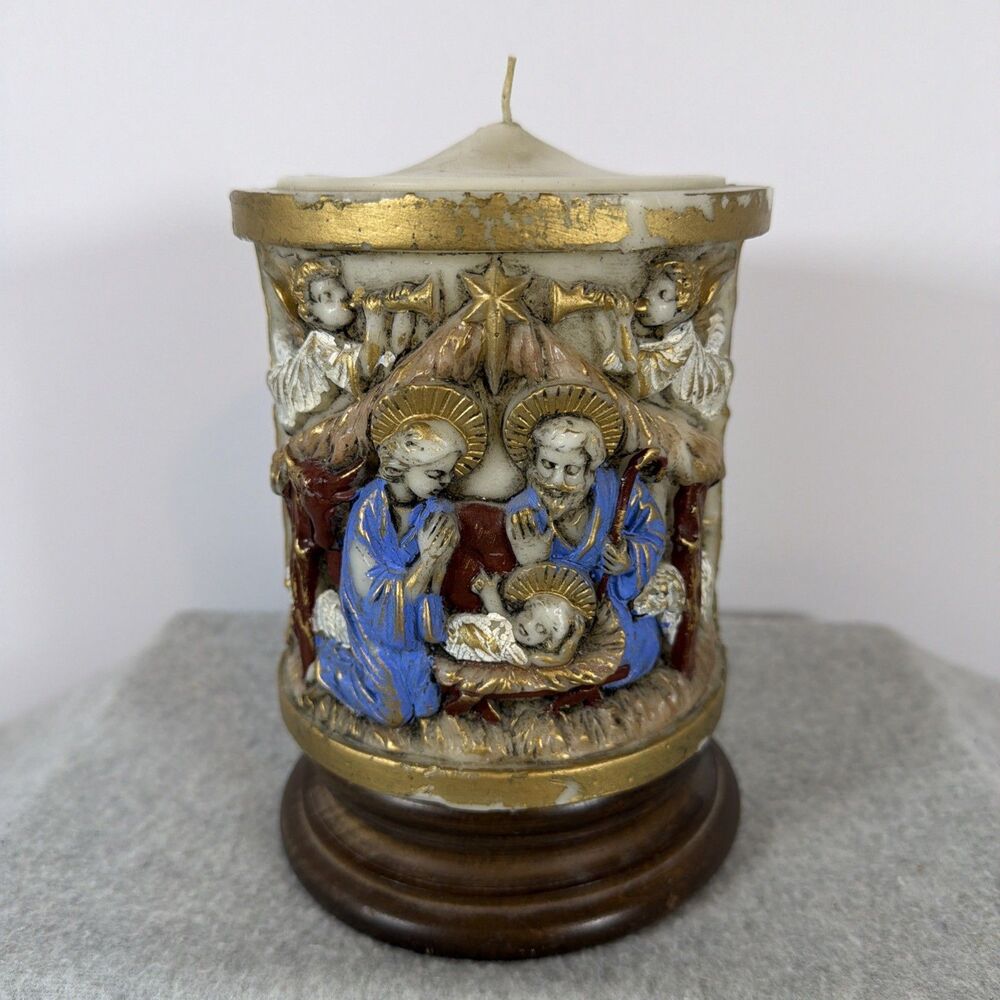 Vintage Lenox Handpainted Nativity Candle Pillar Christmas Decor 1970 Gold Trim
